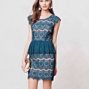 Anthropologie MAEVE dark green fringe lace overlay peplum Elsa dress